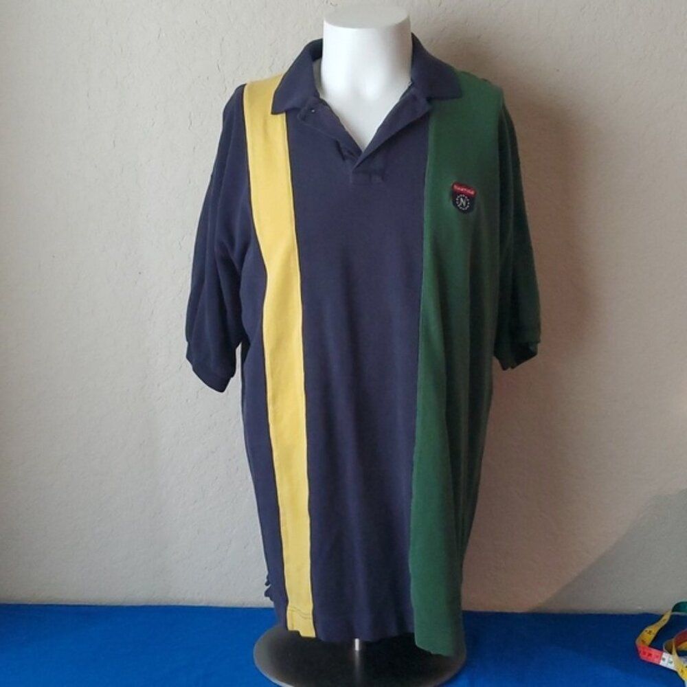 Vintage Nautica Colorblock Rugby Polo Shirt Men's XXL Navy Blue Green Yellow VTG
